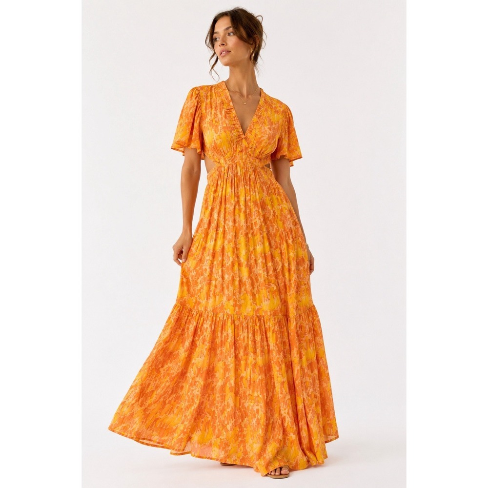 FORE Orange Yellow Abstract Print Maxi Dress Cutout Back Boho Resort Vacation M
